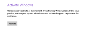 "Windows can't activate at the moment" screen.