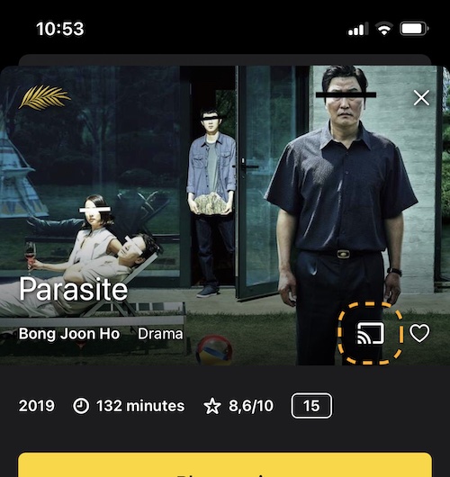 A screenshot of the Chromecast button on the movie screen