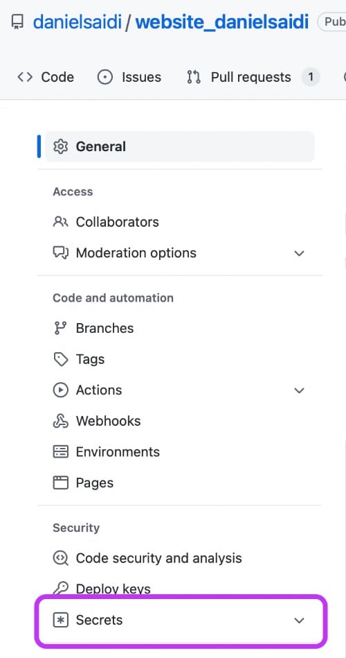 GitHub Secrets menu screenshot