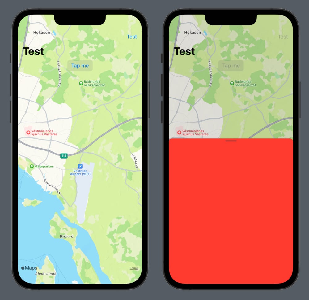 A SwiftUI map app without and with a small sheet overlay