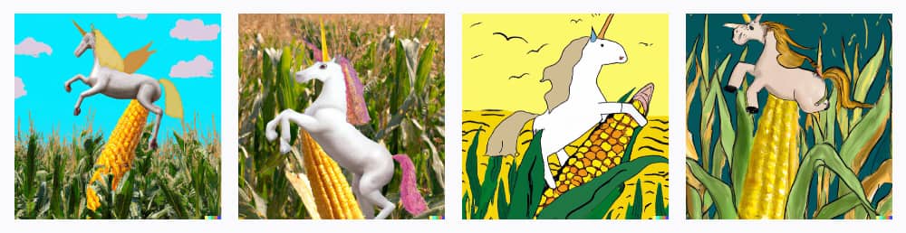 a unicorn riding on a corn cob in a corn field
