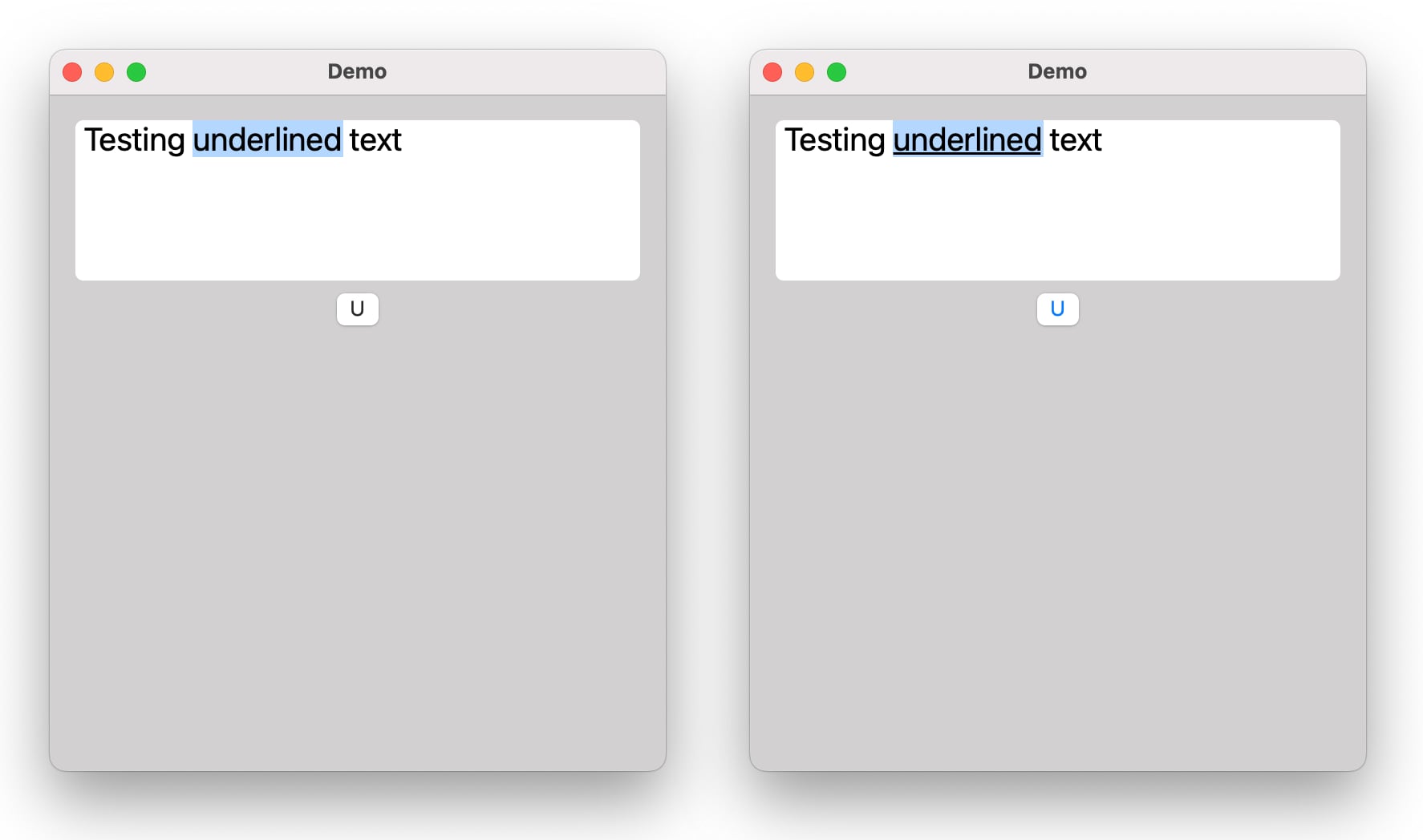 Two macOS windows showing underline support