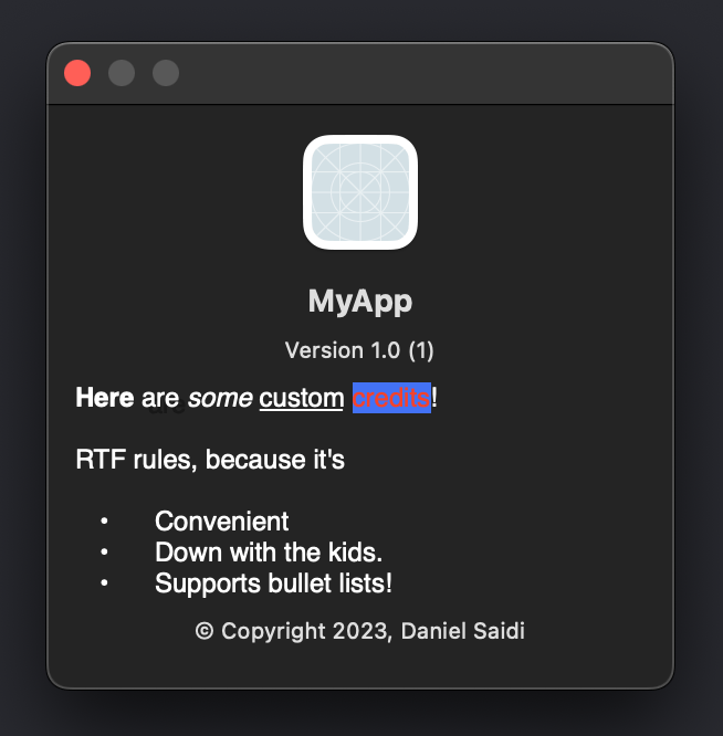 A screenshot of how credits are presented in the about panel