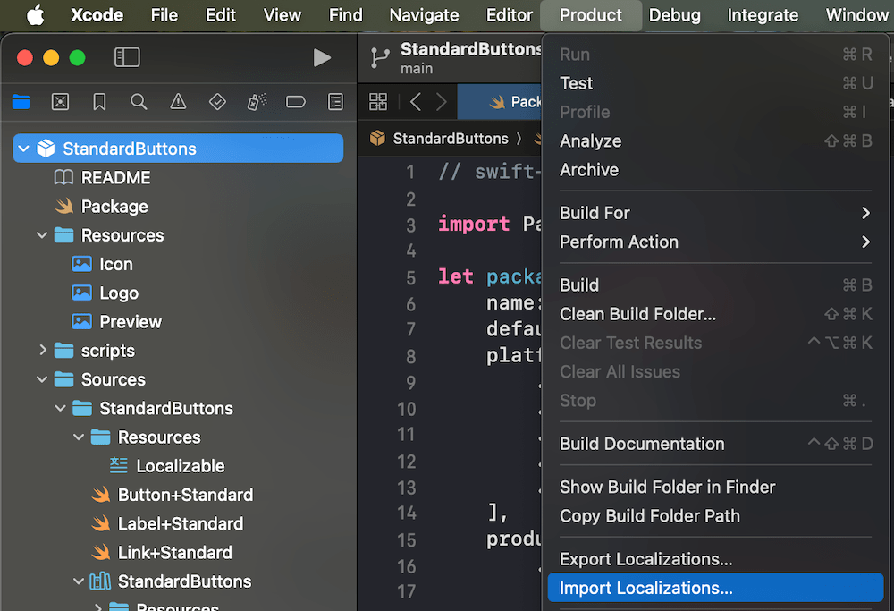 Xcode import menu
