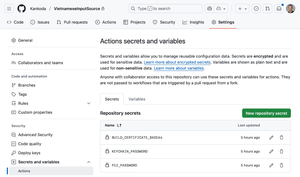 A screenshot of the GitHub secrets page
