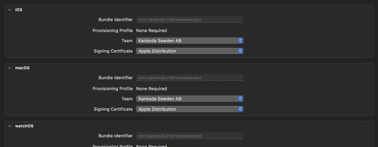 A screenshot of how to change Xcode code signing for all platforms from Automatic to Manual