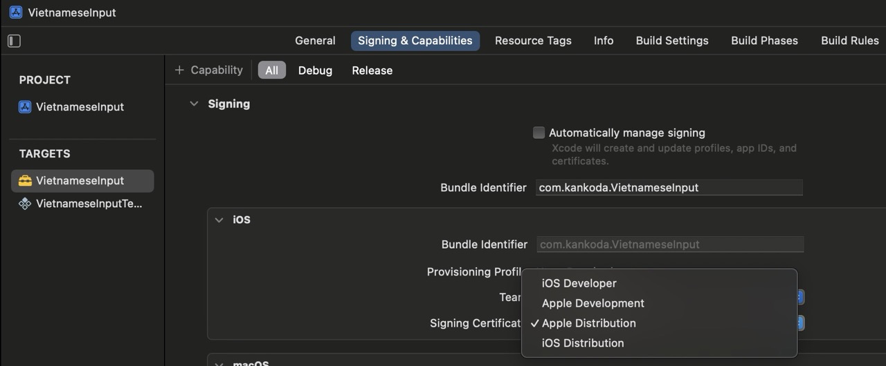A screenshot of how to change Xcode code signing from Automatic to Manual