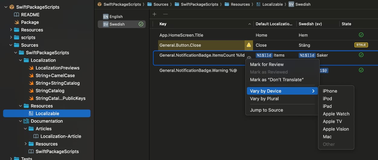 An Xcode String Catalog with stale keys and vary modals