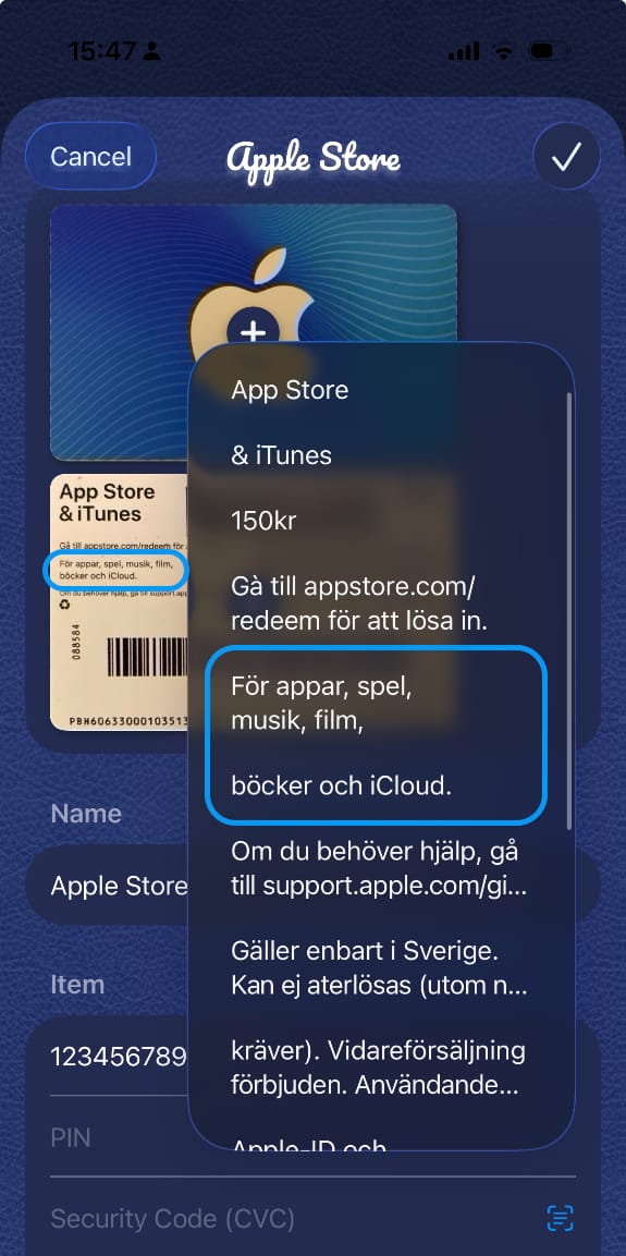 Wally app screenshot with parsed text