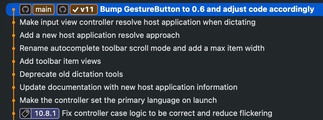 A git commit history where v11 is reset to main