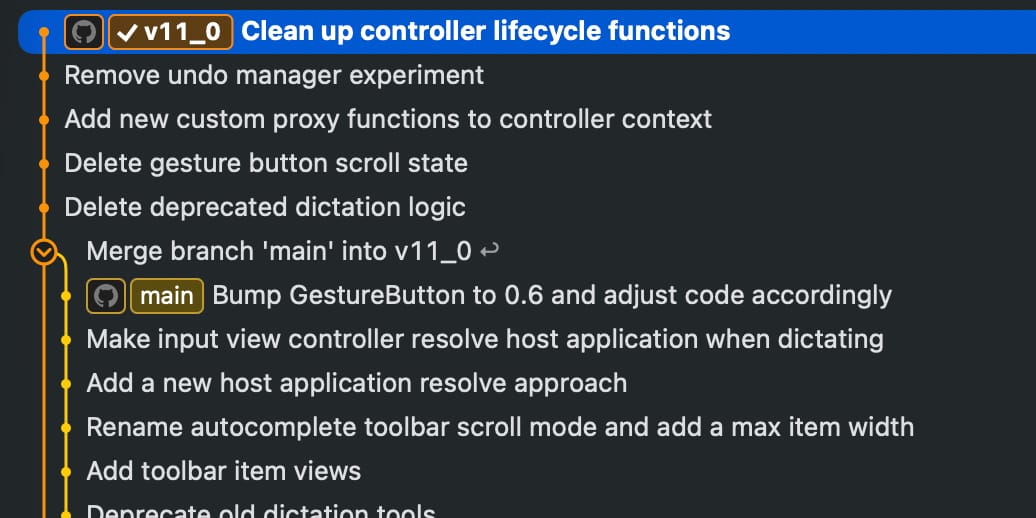 A git commit history where v11 is restored